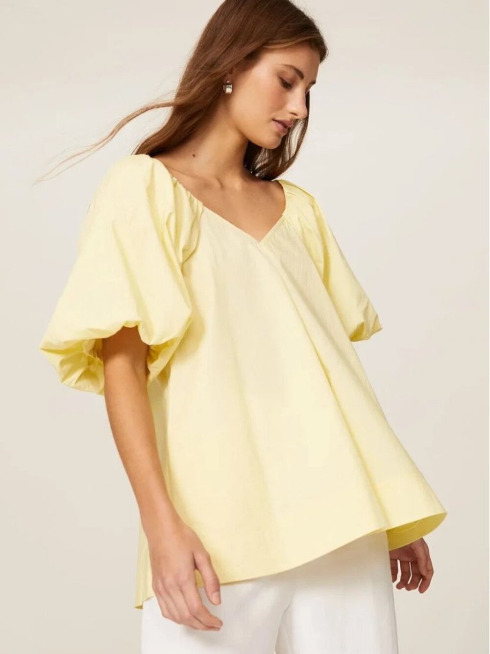 Co Collection Butter Yellow Puff Sleeve V-Neck Top Women's Medium
